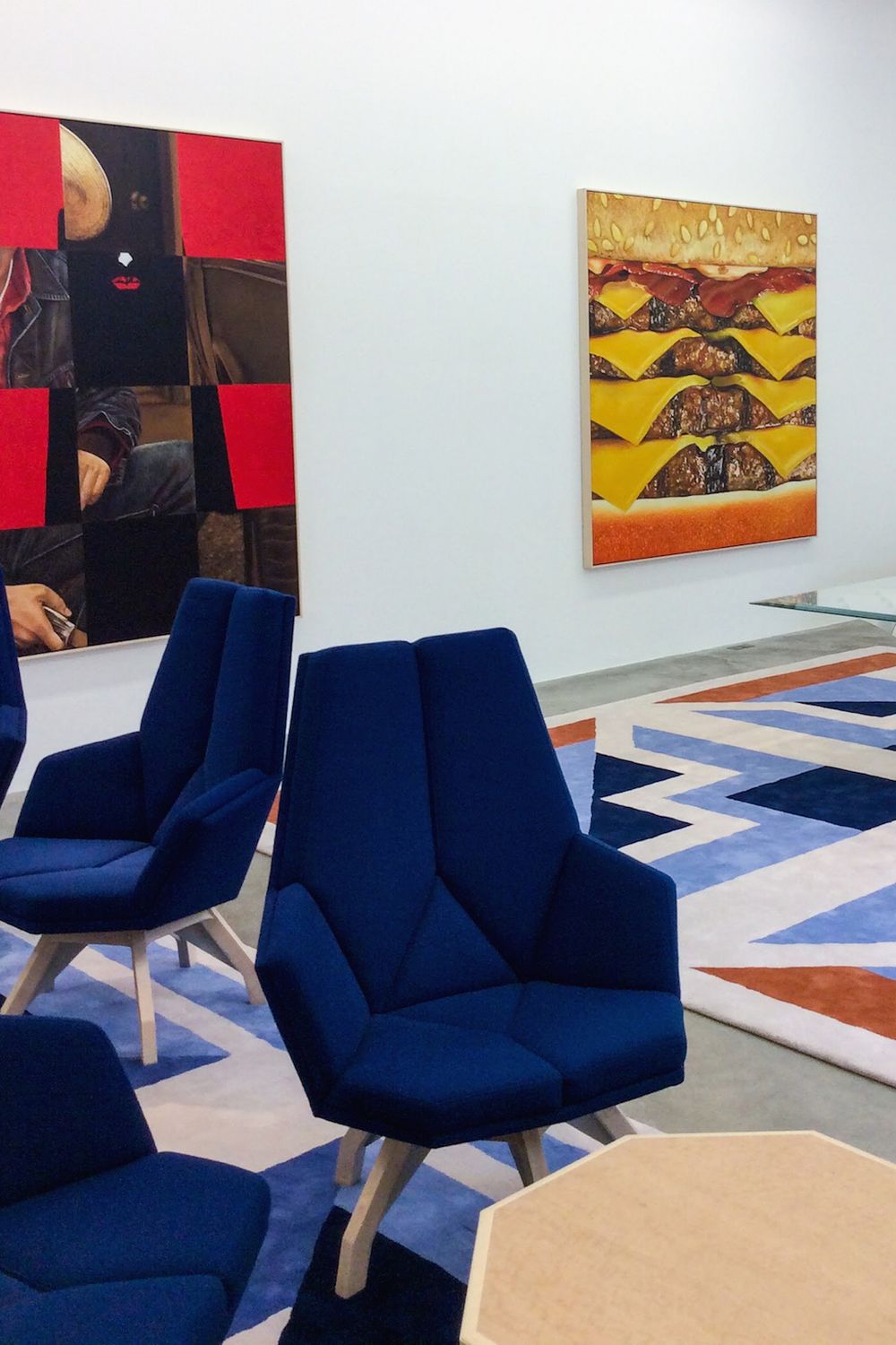 Mike Bouchet, Square Ruple, 2015, behind Pierre Paulin, Fauteuil Iéna chairs and Jardin à la française rug, 1987