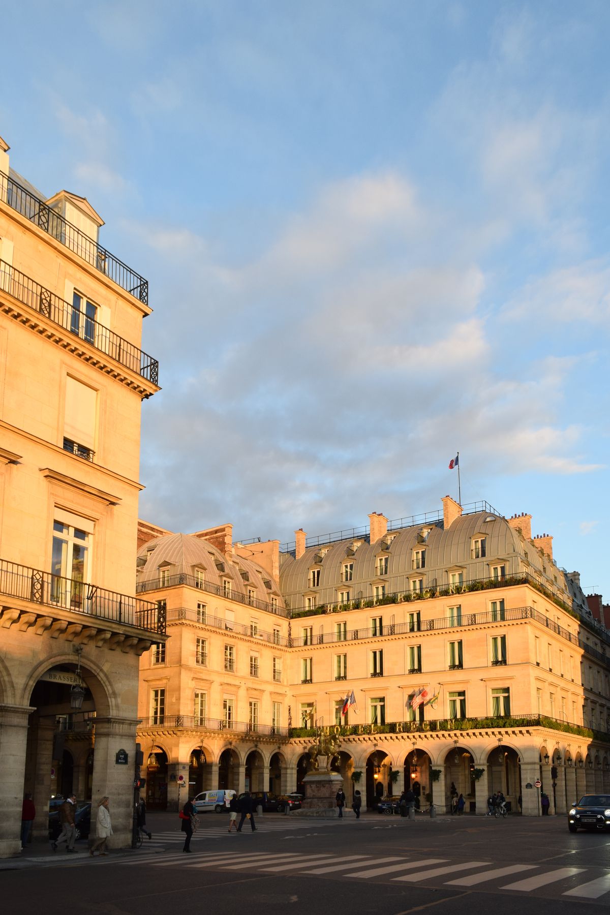 Hotel Regina at dusk on Rue De Rivoli, Paris, France