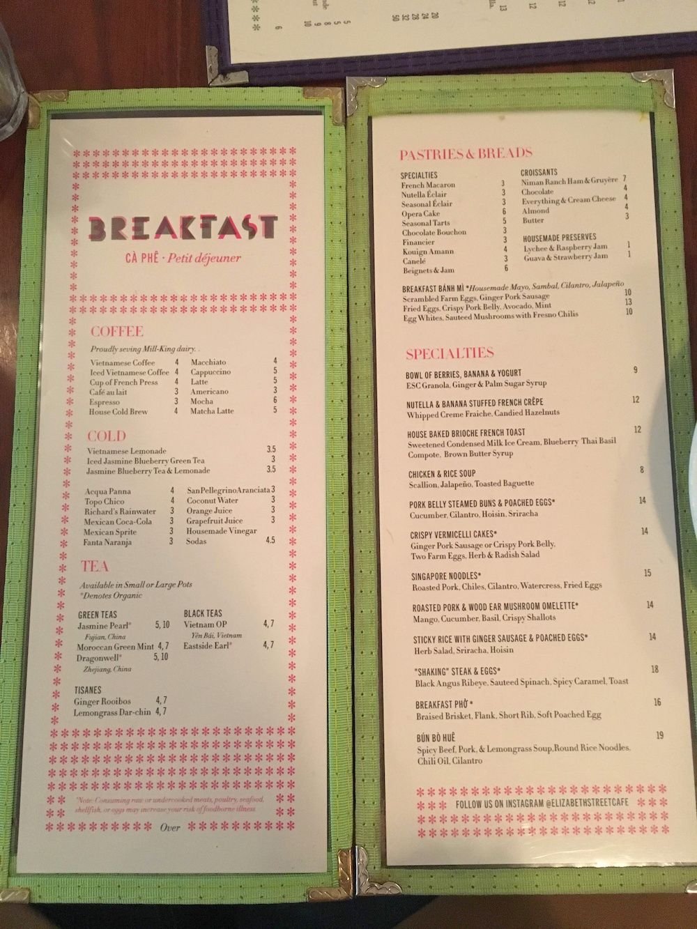 Elizabeth Street Cafe Menu