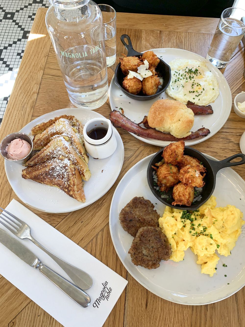 French Toast, Sausage, Eggs and Bacon at Magnolia Table for Breakfast in Waco, TX