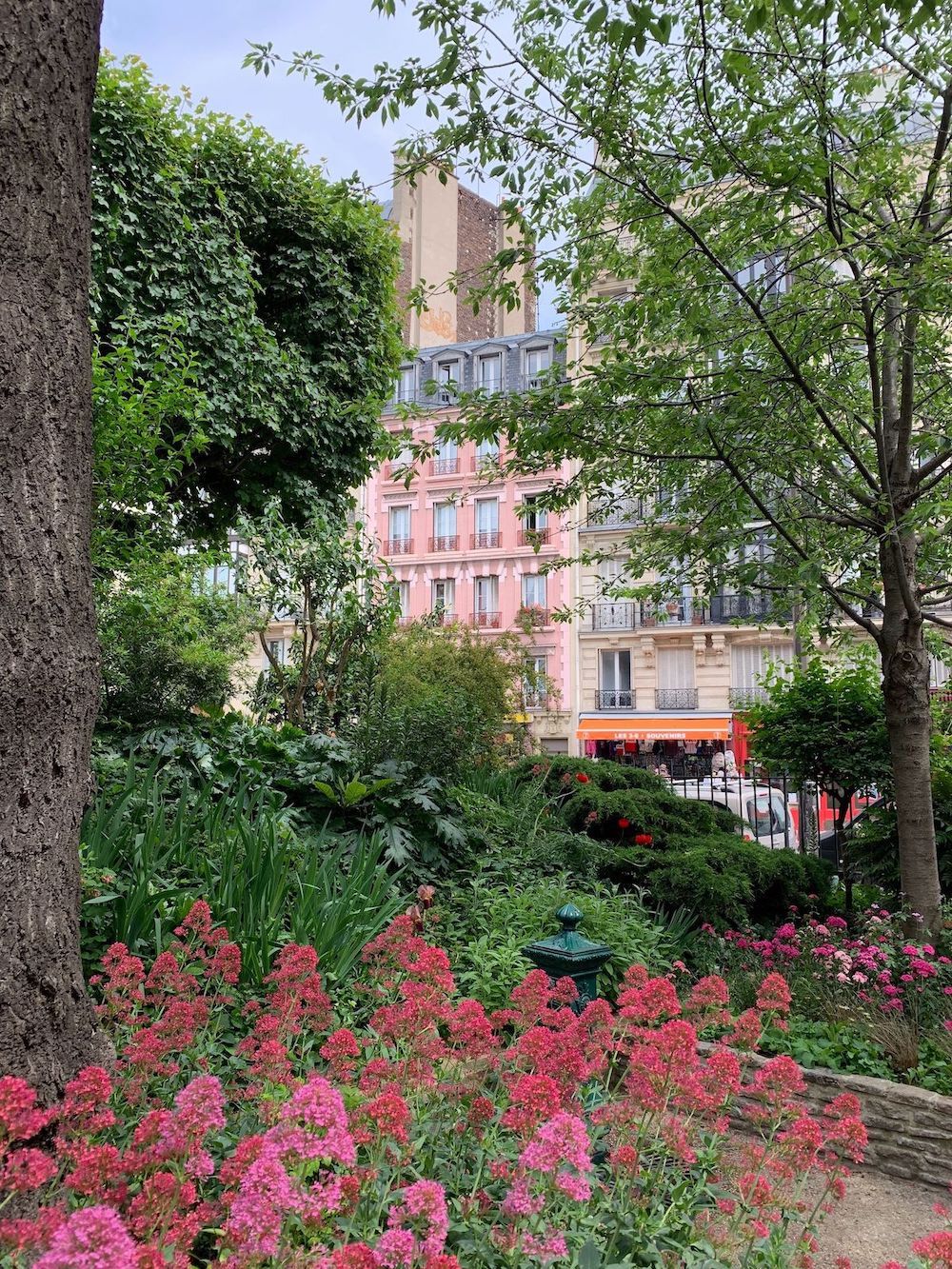 The cute pink apartment building in Paris