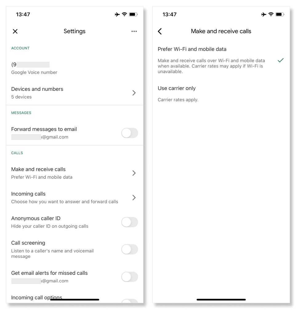 Google Voice Carrier Settings - Make and receive calls - Prefer Wi-Fi and mobile data